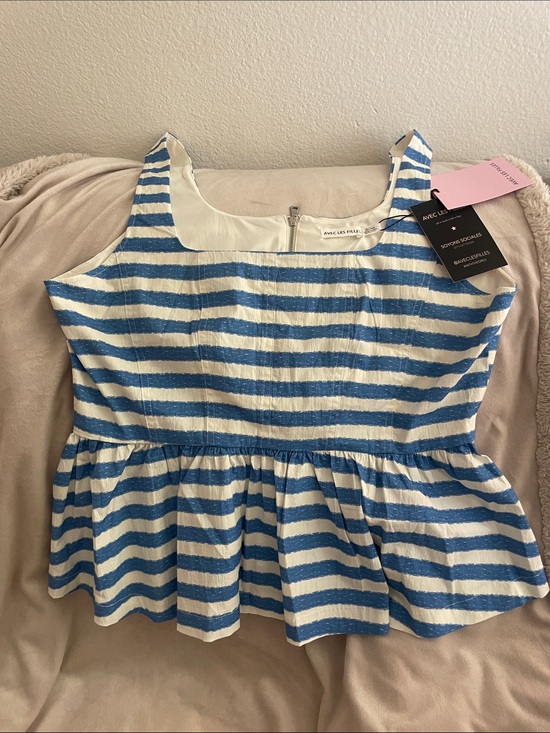 Avec Les Filles Tops - Avec Les Filles Blue and White Striped Peplum Top